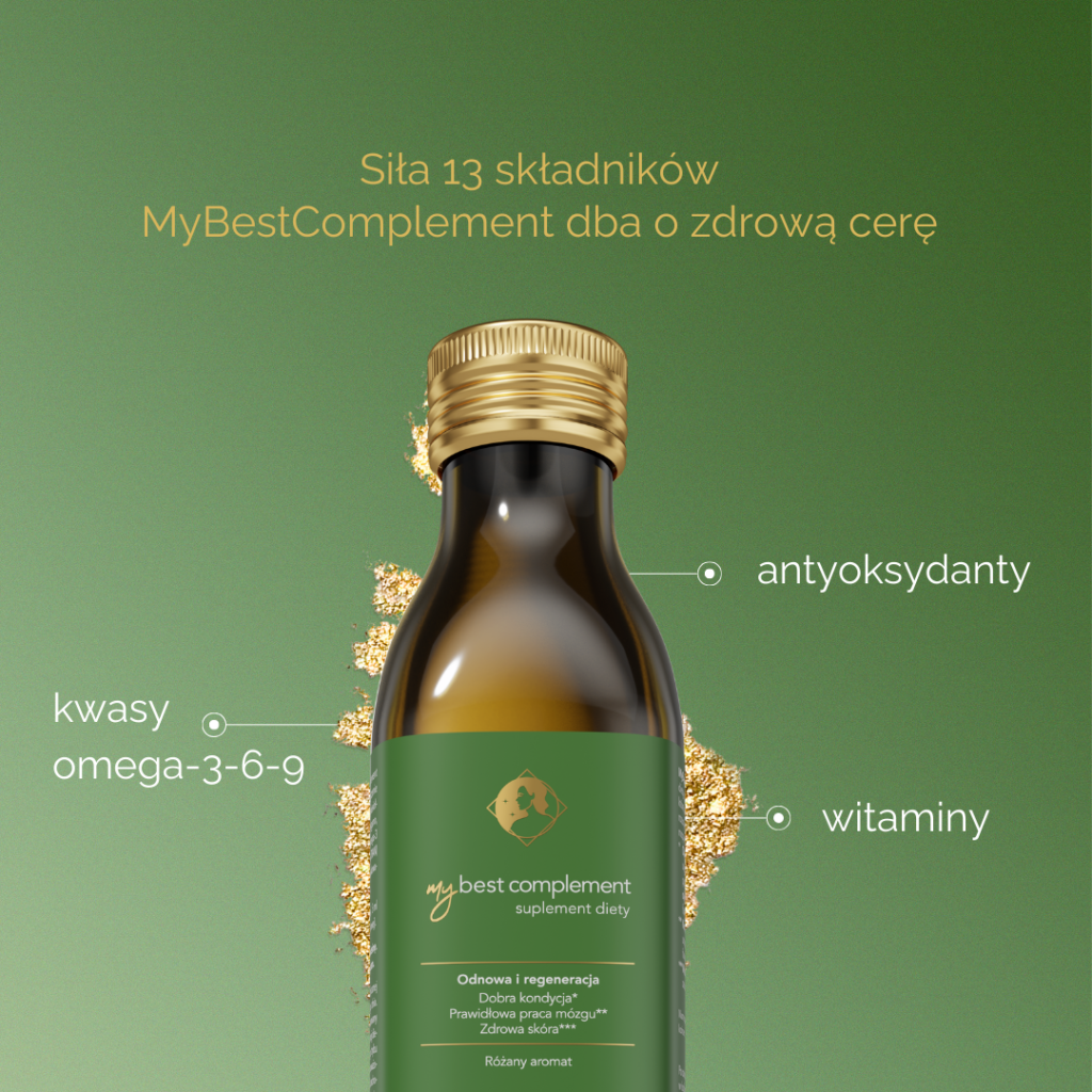 Butelka suplementu diety MyBestComplement na zielonym tle z informacją o antyoksydantach, witaminach i kwasach omega-3-6-9.