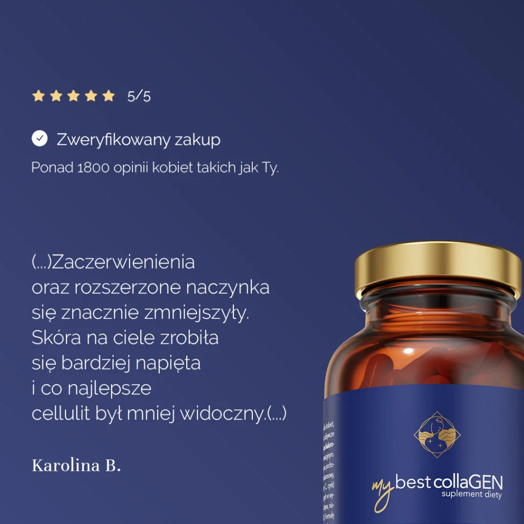 Suplement diety mybest collaGEN z pozytywną opinią i wysoką oceną pięciu gwiazdek.