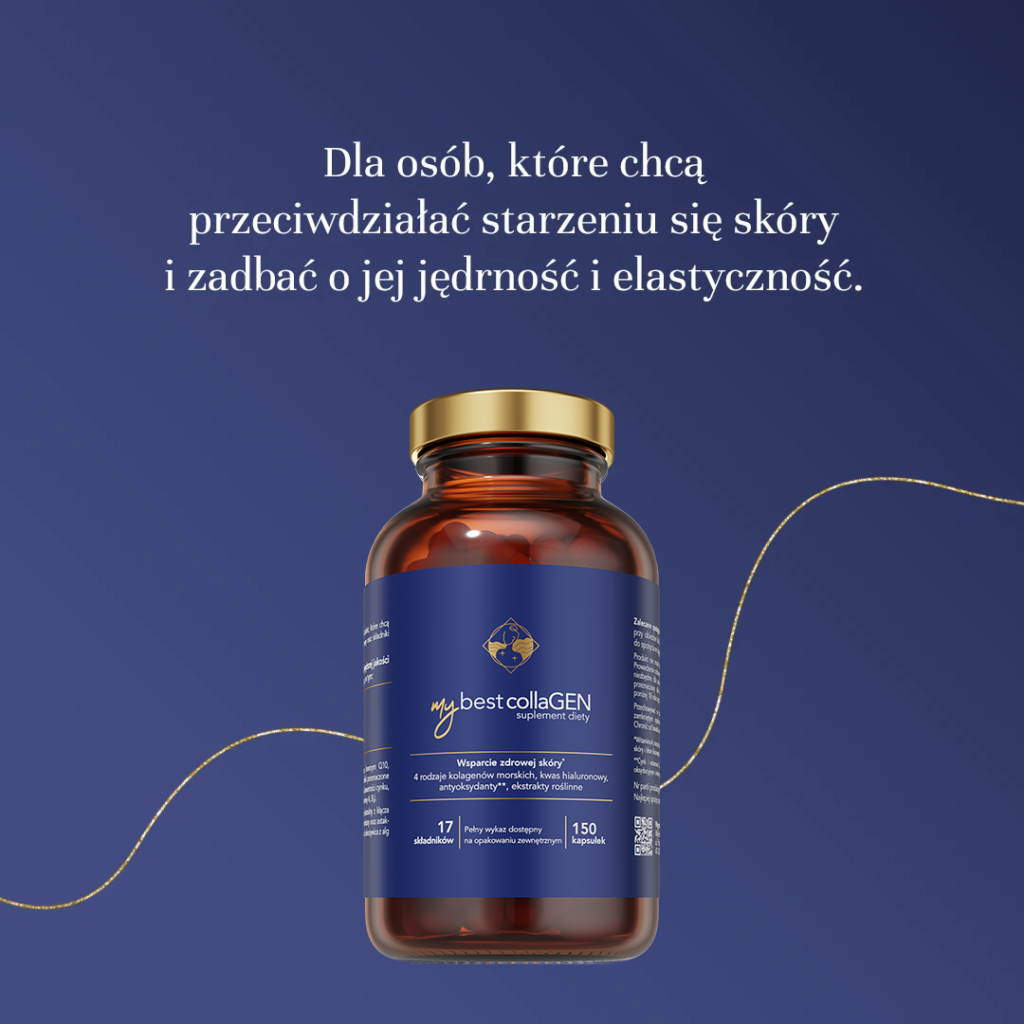 Butelka suplementu diety mybest collaGEN na niebieskim tle z napisem o przeciwdziałaniu starzeniu skóry
