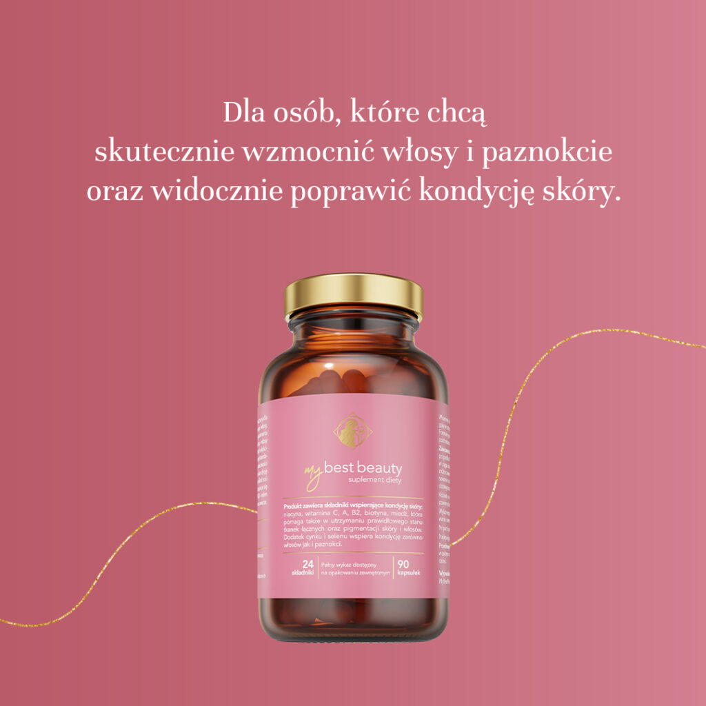Butelka suplementu diety my best beauty wspomagającego włosy, paznokcie i skórę na różowym tle
