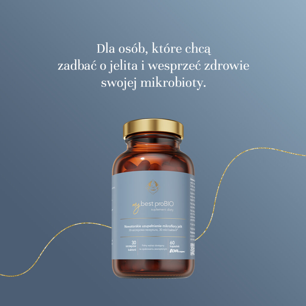 Butelka suplementu diety my best proBIO wspierającego zdrowie jelit i mikrobioty.