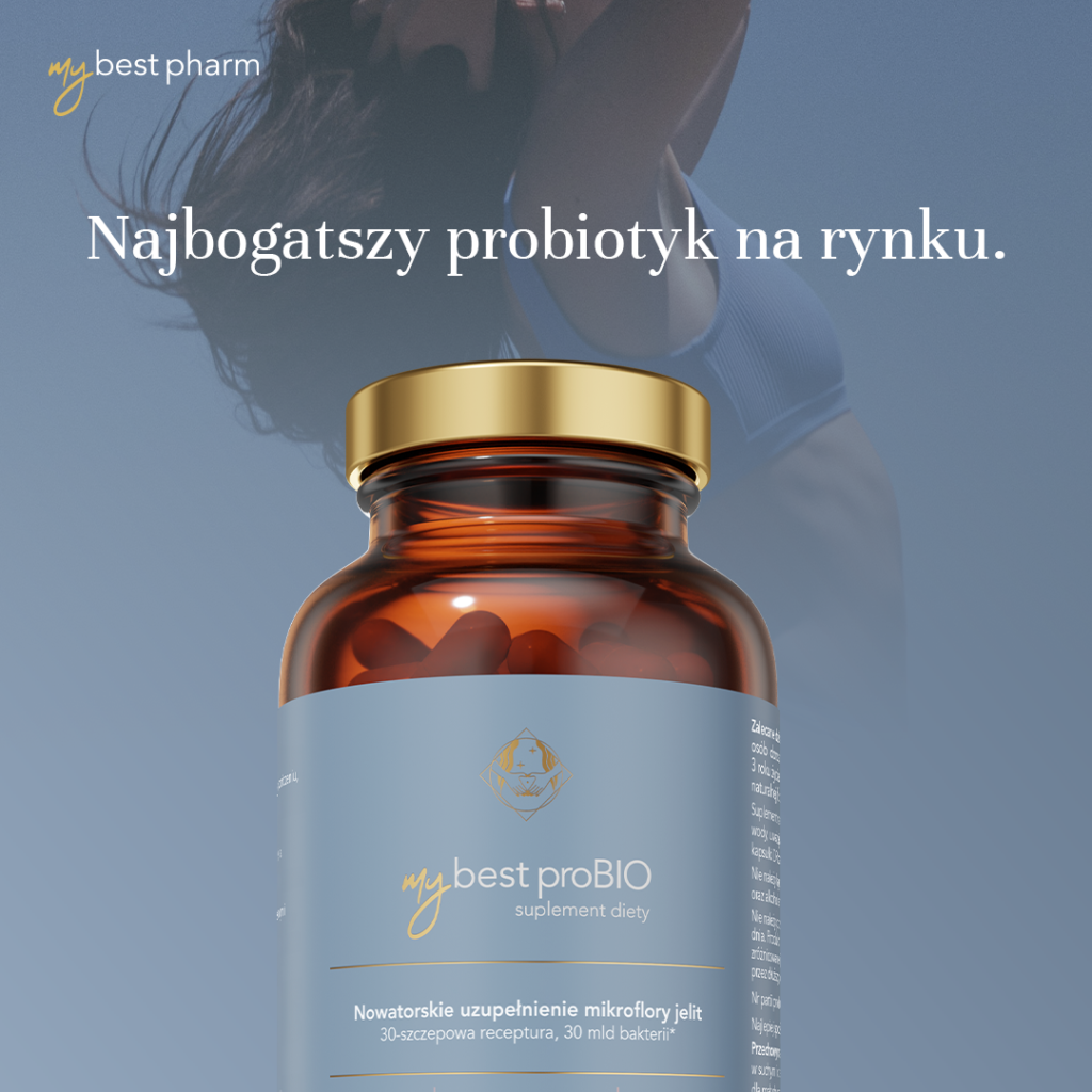 Butelka suplementu diety mybest proBIO z kapsułkami na tle sylwetki kobiety w sportowym stroju