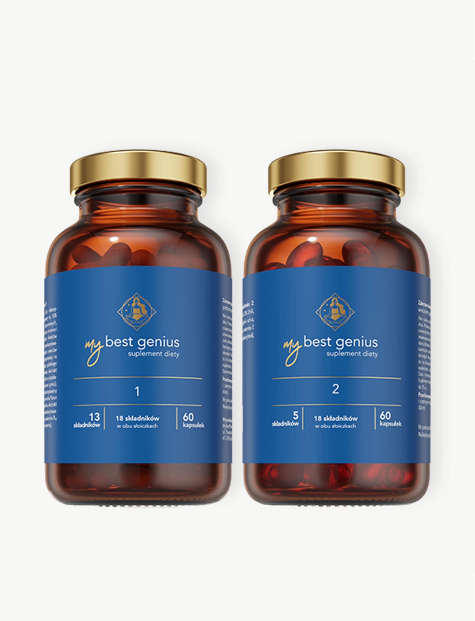 Dwa szklane słoiki z suplementami diety my best genius z naturalnym i bezpiecznym składem.