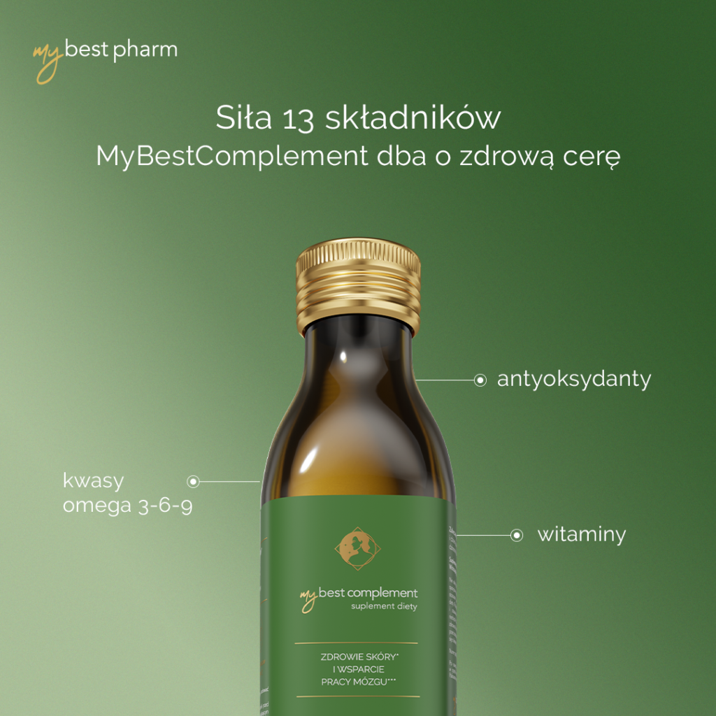 Butelka suplementu MyBestComplement z naturalnymi składnikami dbającymi o zdrową cerę, takimi jak antyoksydanty, witaminy i kwasy omega 3-6-9.