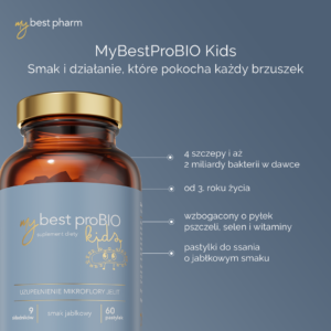 Suplement diety MyBestProBIO Kids z naturalnym składem wspierający mikroflorę jelit u dzieci.