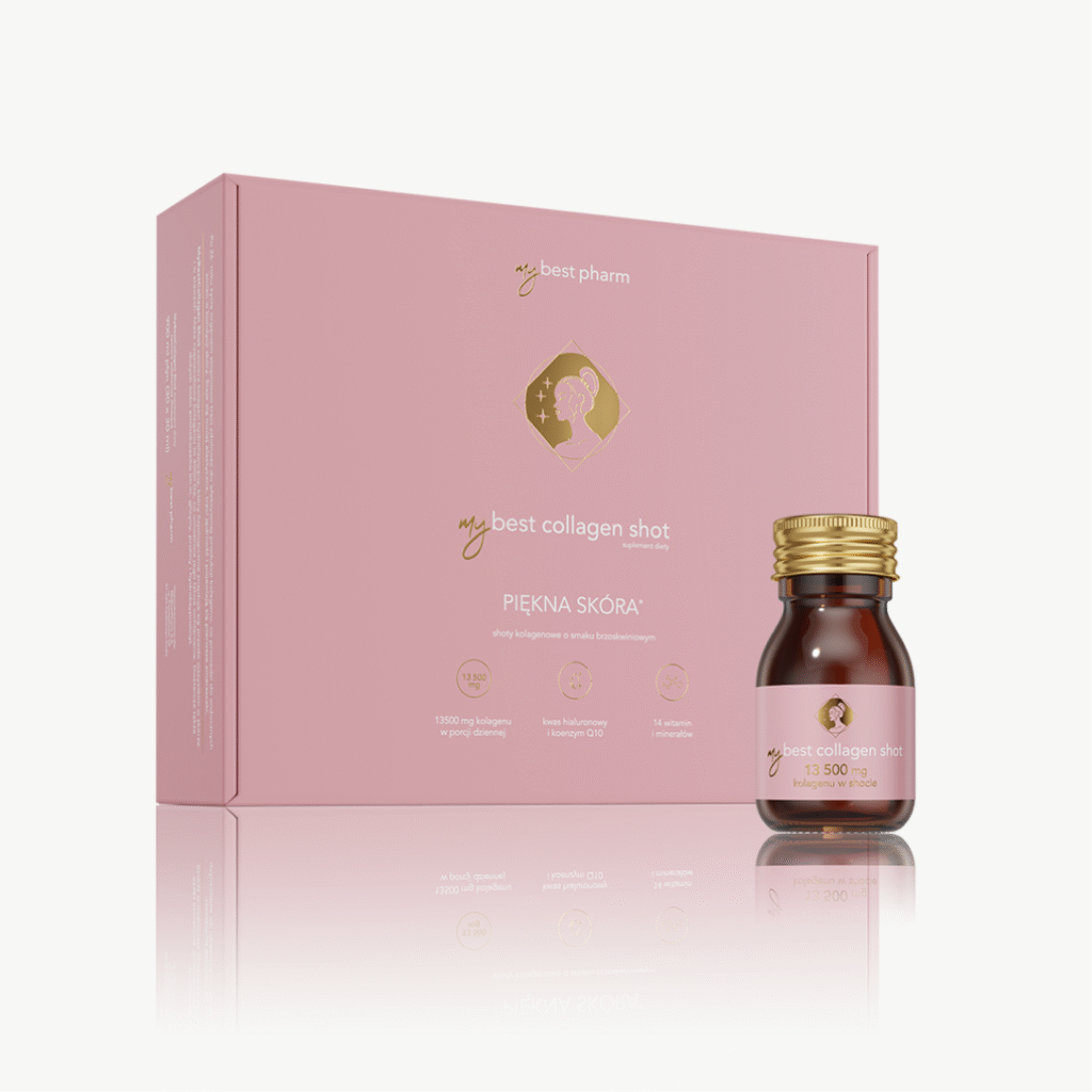 Opakowanie i buteleczka suplementu diety mybest collagen shot wspierającego piękną i zdrową skórę.
