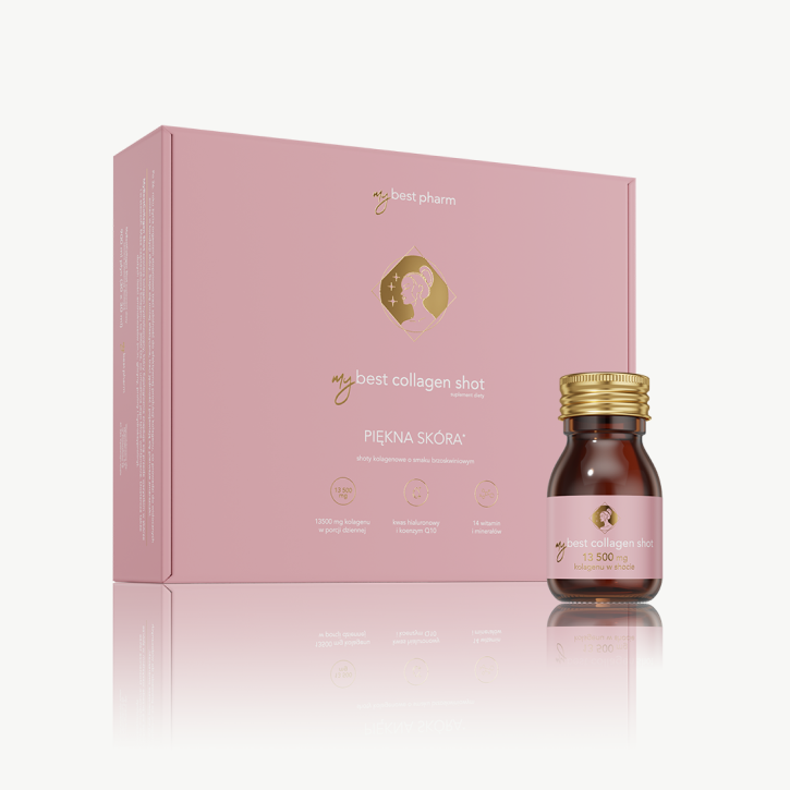 Opakowanie i butelka mybestpharm my best collagen shot – naturalny suplement kolagenowy dla pięknej skóry.