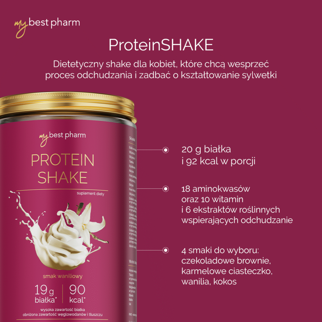 ProteinSHAKE - dietetyczny shake dla kobiet wspomagający odchudzanie i kształtowanie sylwetki, z naturalnymi składnikami i różnymi smakami.