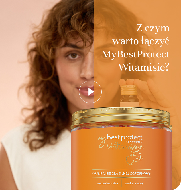 Zdjęcie mgr Natalii Szwed-Kisielewicz, dietetyczki klinicznej. Na zdjęcie nałożona jest grafika produktu MyBestProtect Witamisie oraz podpis "Z czym warto łączyć MyBestProtect Witamisie?".
